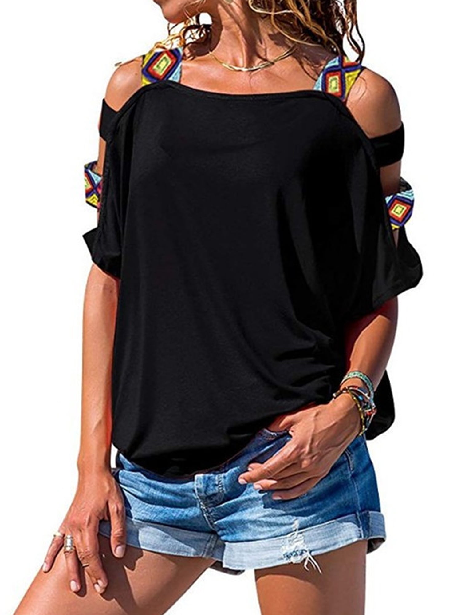 Dressin Women Summer T Shirt Ladies Short Sleeve Strappy Cold Shoulder T-Shirt Tops Womens Loose Tops Basic Blouse