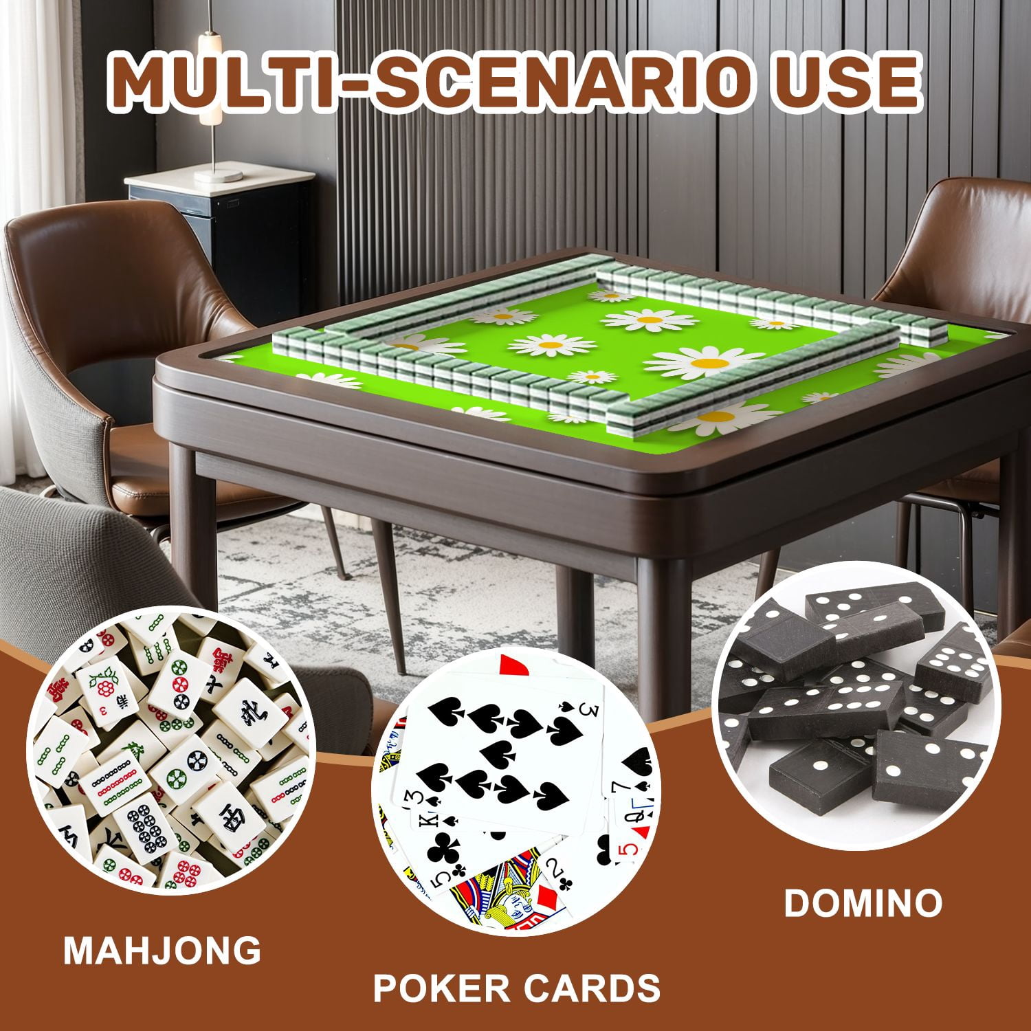Mahjong Mat 31.5" x 31.5" White Daisy Flowers Bright Green Flat Style Non-Slip Noise Reduction American Mahjong Tiles Table Cover for Dominoes Poker Card Board Games Gift