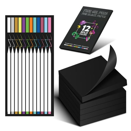 Cute Office Supplies, Black Sticky Notes and Gel Pens for Black Paper. 12 Gelly Roll Pens for Black Paper, Including White Gel Pen, Gold & Silver. 3x3 500ct, Fun Sticky Notes with Metallic Pens