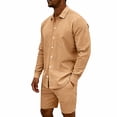 thumbnail image 5 of Maqroz Mens 2 Piece Outfits 2 Piece Casual Long Sleeve Summer Set Button Down Lapel Shirt & Elastic Waist Shorts Solid Lightweight Formal Dailywear, 5 of 9