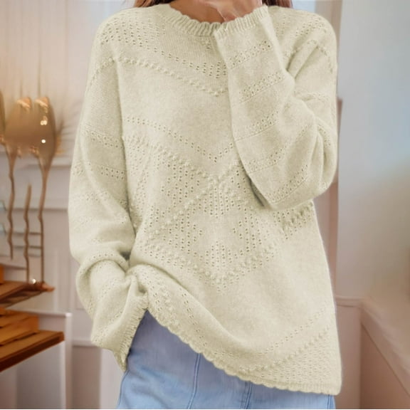 Aueoeo Women'S Crochet Sweater Round Neck Lace Sweater Long Sleeve Knit Sweater Fall Winter Warm Pullover Tops With Holes Beige L