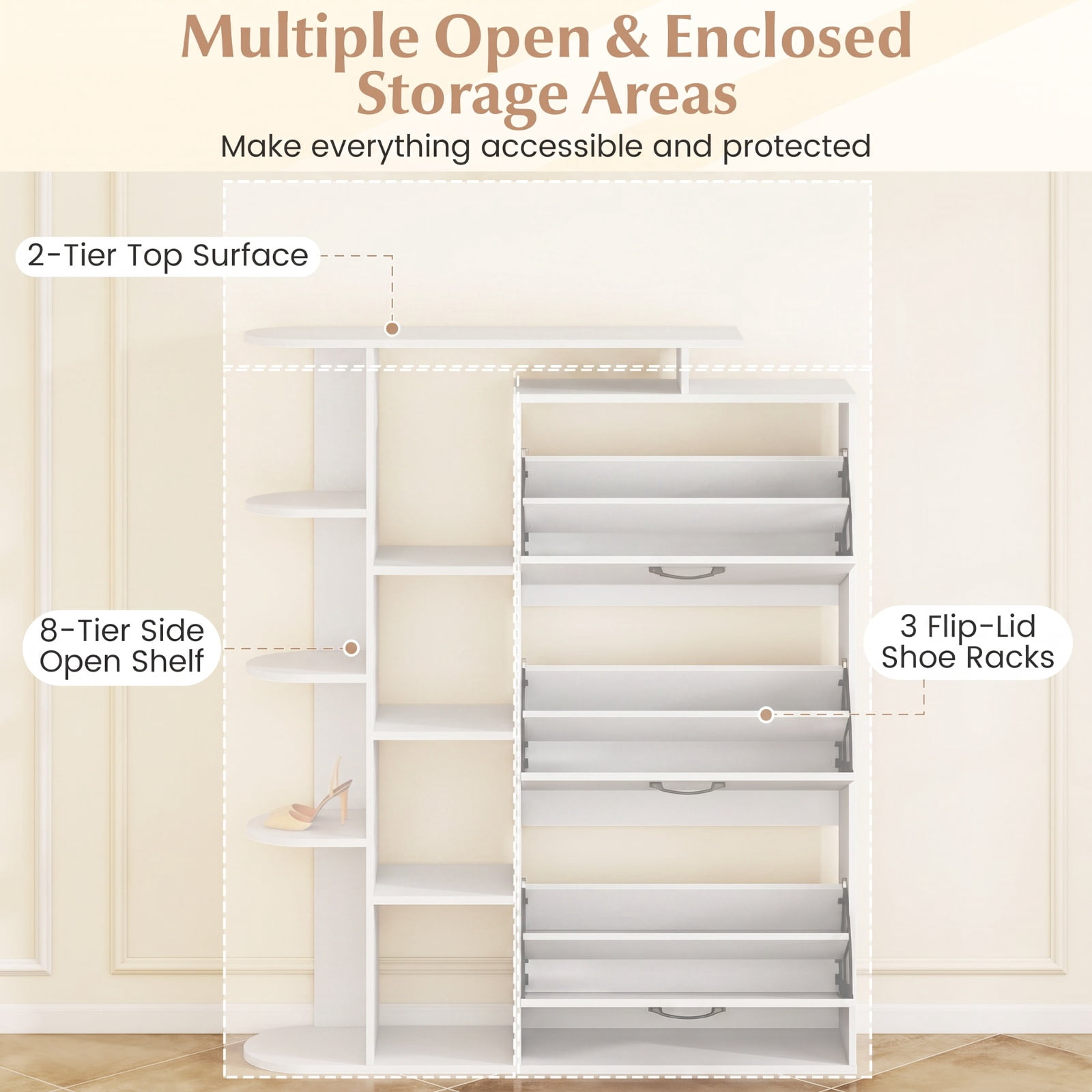 Furnibear Tall Shoe Cabinet with Open Shelves and 3 Flip Drawers Modern Freestanding Shoe Storage Organizer for Entryway Hallway, White