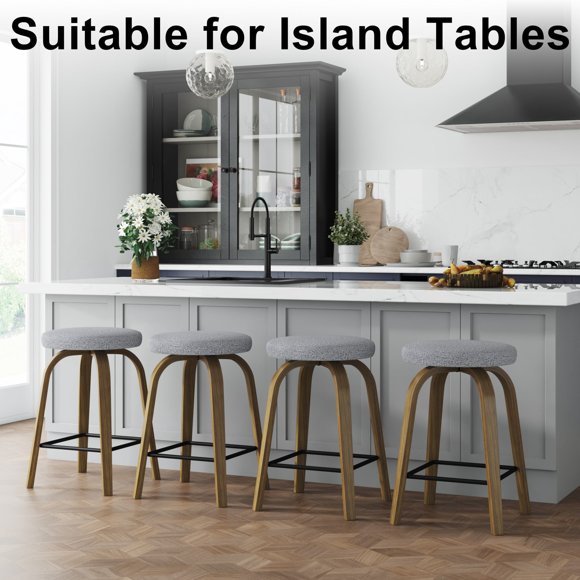 AENKYO 26" Swivel Bar Stools Set of 2, Counter Height Island Stools for 34"-40" Counters, Fabric Padded, Gray