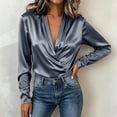 thumbnail image 6 of IUYRTFE Women's Satin Wrap V Neck Long Sleeve Blouse Draped Front Elegant Casual Work Top, 6 of 9