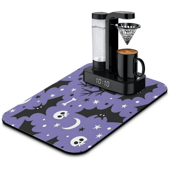 Decorative Halloween Kitchen Mat Absorbent 19.5x12in Diatom Ooze Dish Drying Mat with Festive Skull, Pumpkin, Bat, and Ghost Design