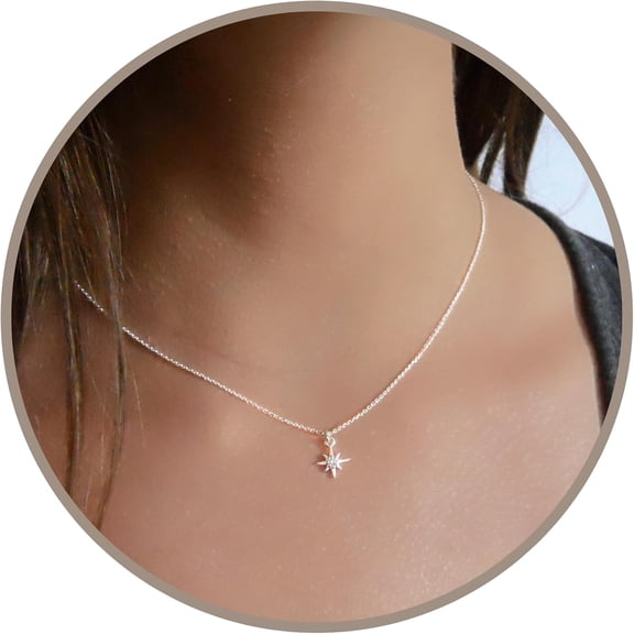 SRWEHG-Sterling Silver Star Necklace for Women, Length 15-17 Inches, Tiny Cubic Zirconia North-Star Charm Pendant Necklace, Waterproof, Celestial Jewelry Gift for Her
