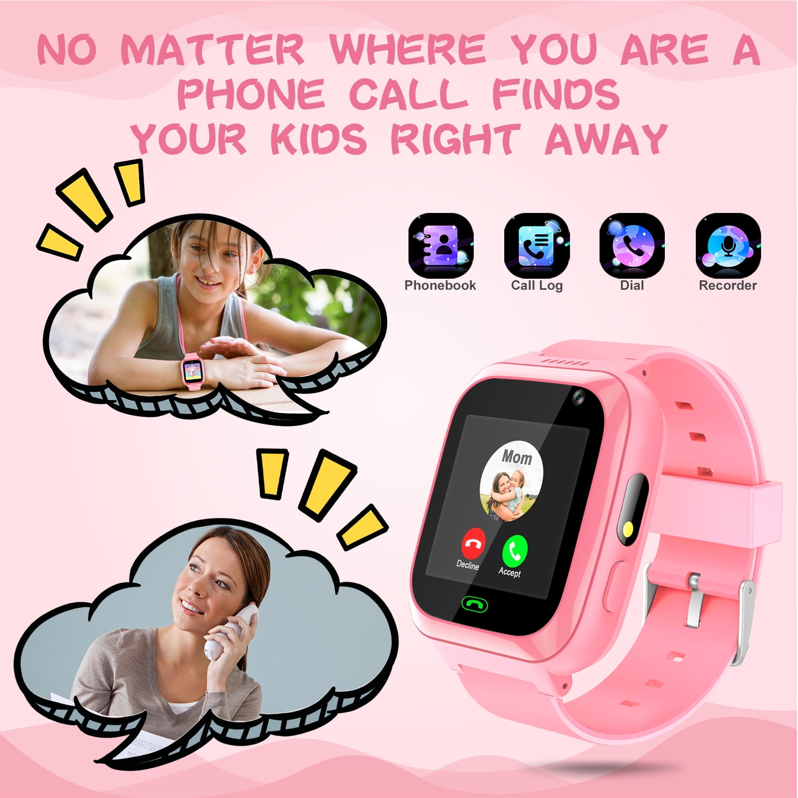SHANNA Smart Watch for Kids, Kids Smartwatches Phone with Text and Call, Games Camera Alarm Flashlight Music Player for 3-12 Boys Girls, Pink