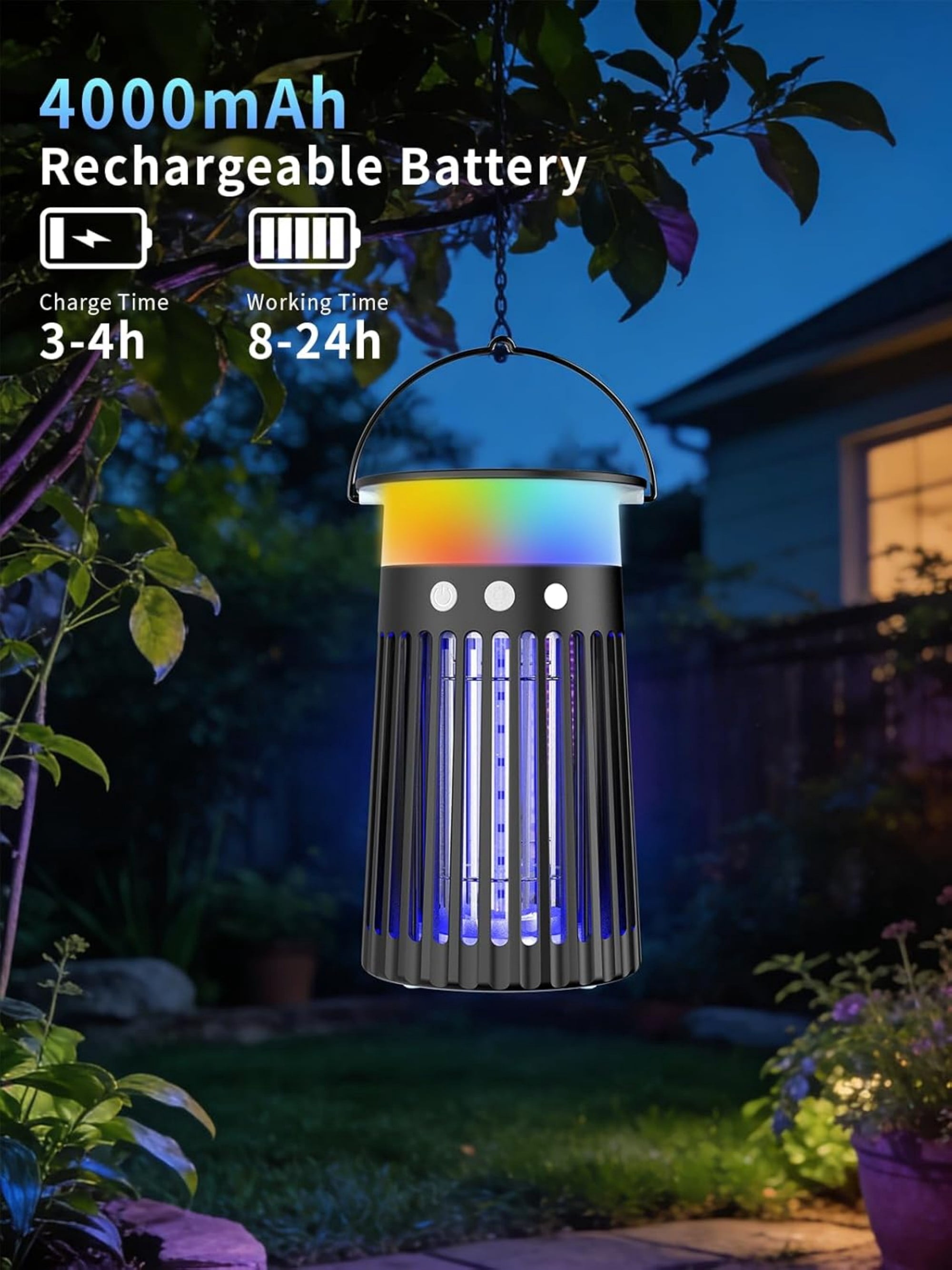 AENKYO Solar Bug Zapper: 4200V Electric Mosquito Killer, USB-C Rechargeable Fly Trap, 2100 sq.ft Coverage