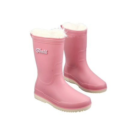 

Rotosw Women s Waterproof Boot Wide Calf Rain Boots Pull On Garden Shoes Durable With Lined Booties Outdoor Comfort Rainboot Pink Plush Lined 5.5