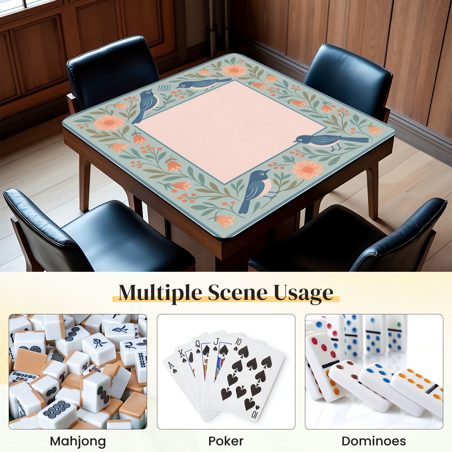 Mahjong Mat 31.5" x 31.5" Vintage Floral Border Birds Soft Pastel Colors Anti-Slip and Noise Reduction Symmetry Design Mahjong Tiles Table Cover for Dominoes Poker Card Board and Tile Games