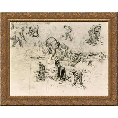 Sheet with Sketches of Working People 24x20 Gold Ornate Wood Framed Canvas Art by Vincent van Gogh