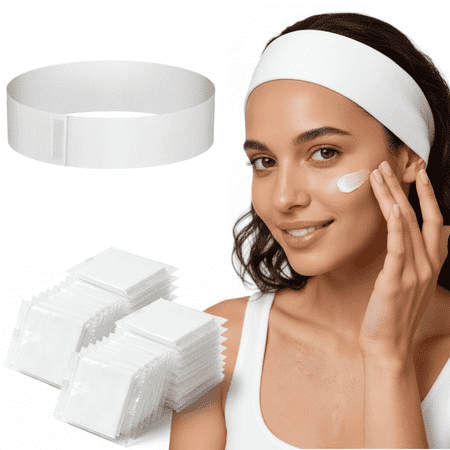 50PCS Disposable Spa Facial Headbands, Elastic Headband Wrap with Adjustable Magic Tape, Stretch Non-Woven Facial Bandeau, Soft Skin Care Essential Headband with Convenient Closure