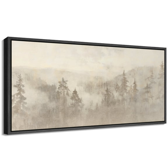Large Framed Canvas Print Soft Foggy Pine Forest - Neutral Toned Minimalist NatureWall Art Decorative Ready to Hang Painting for Living room Bedroom 60x30 inches Black Frame