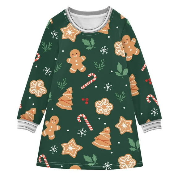 Girls' long-sleeved dress Gingerbread Man Christmas Girls' A-line dress with ribbed cuffs Soft and comfortable