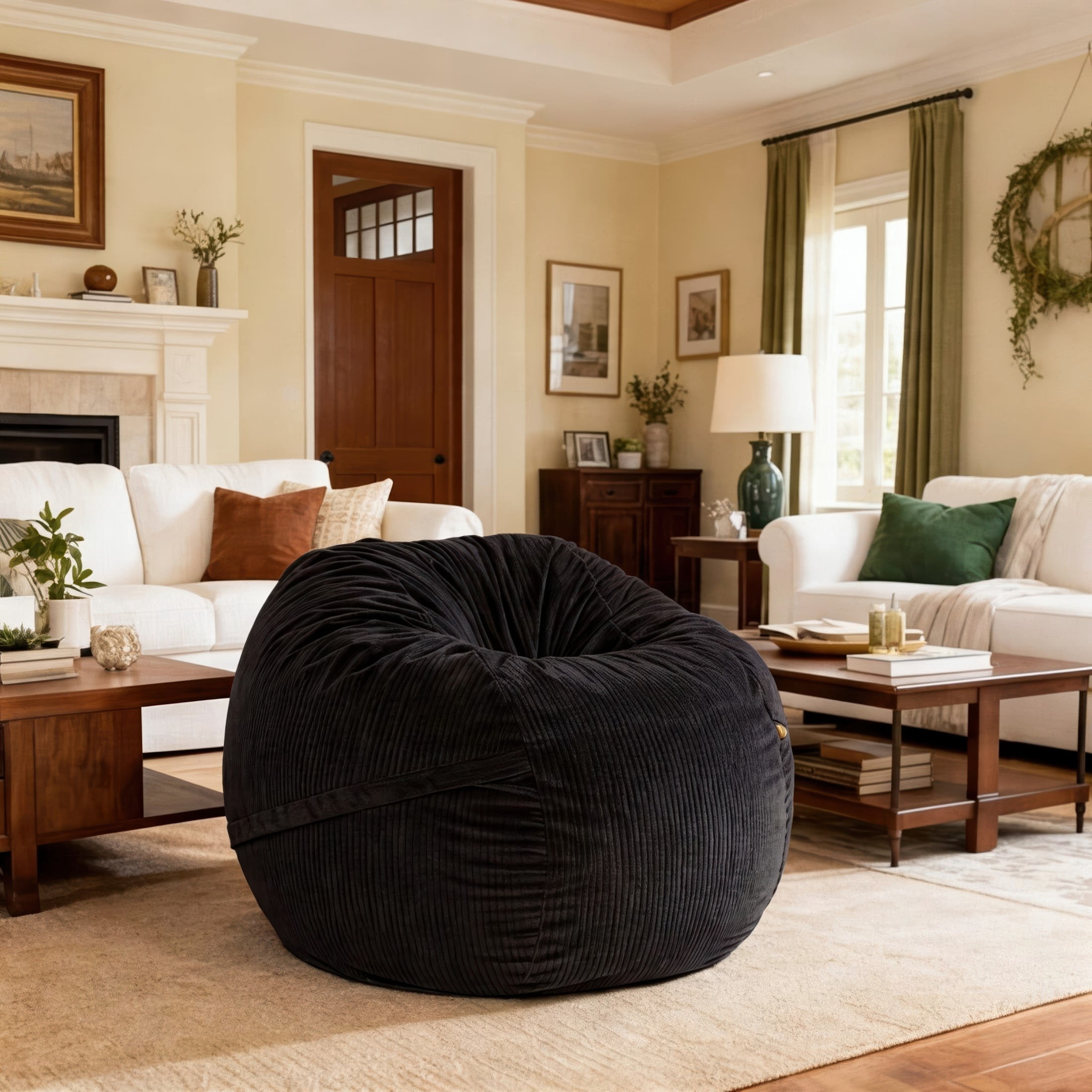 Luna 5 Foot X-Large Bean Bag Chair – Oversized Foam Lounger for Adults & Kids, Plush Corded Faux Fur, Black