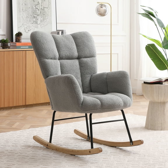 Rocking Chair Teddy Upholstered Glider Rocker Rocking Accent Chair Padded Seat with High Backrest Armchair Comfy Side Chair for Living Room Bedroom Offices Grey