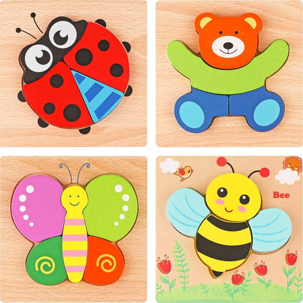 4 Sets Wooden Animals Peg Puzzles Educational Learning Toy for Kids Children 