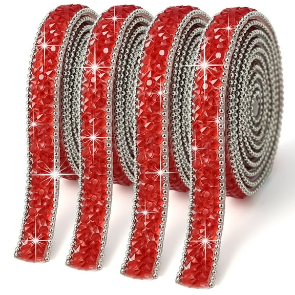 Firefly Hope 4 Rolls 1cm Wide Red Self-Adhesive Rhinestone Ribbon, Bling Resin Crystal Trim Tape for DIY Art Gift Wedding Party Decor