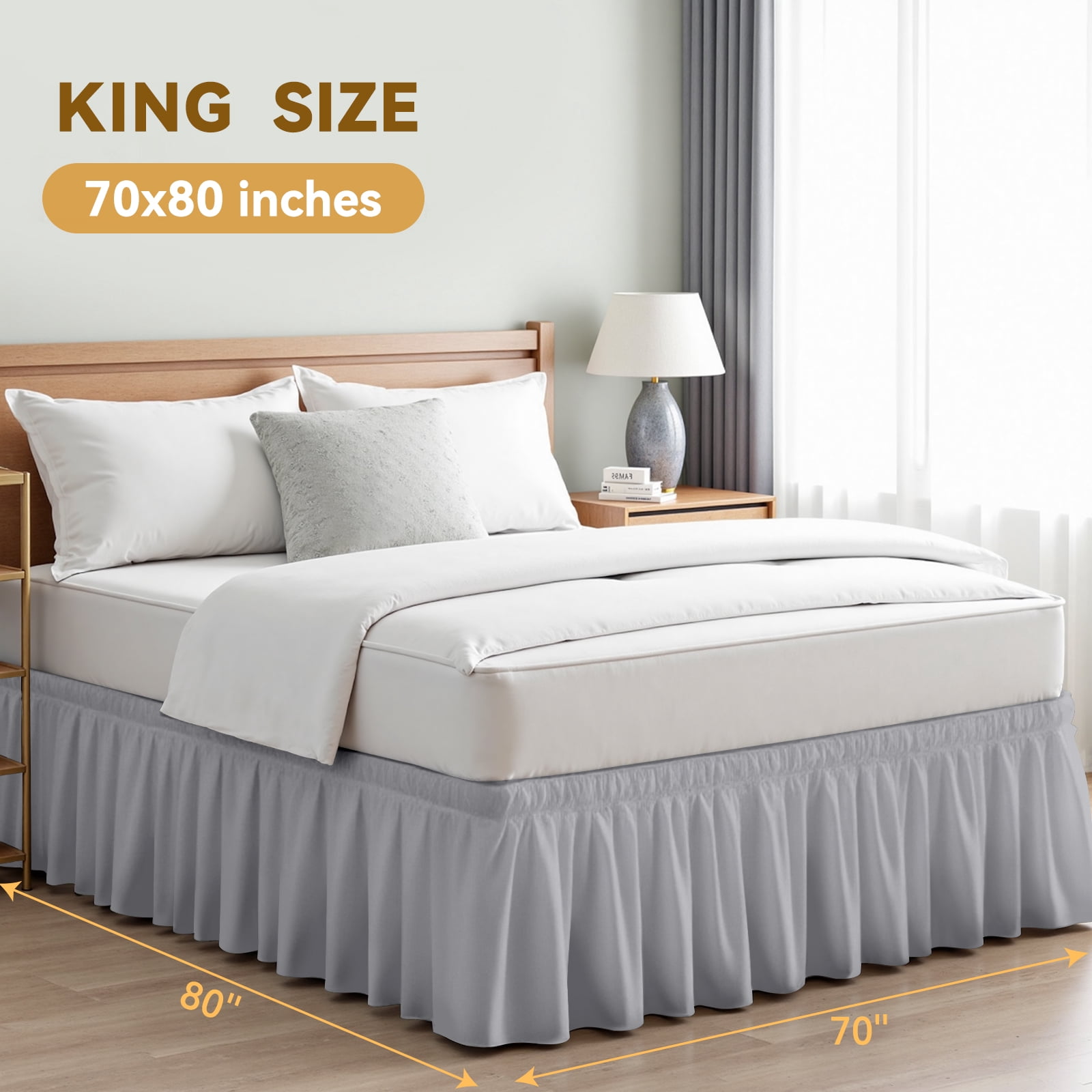 Light Gray Skirts, Wrap Around Dust Ruffle for King Beds, 18-inch Tailored Drop, Easy to Install and Clean