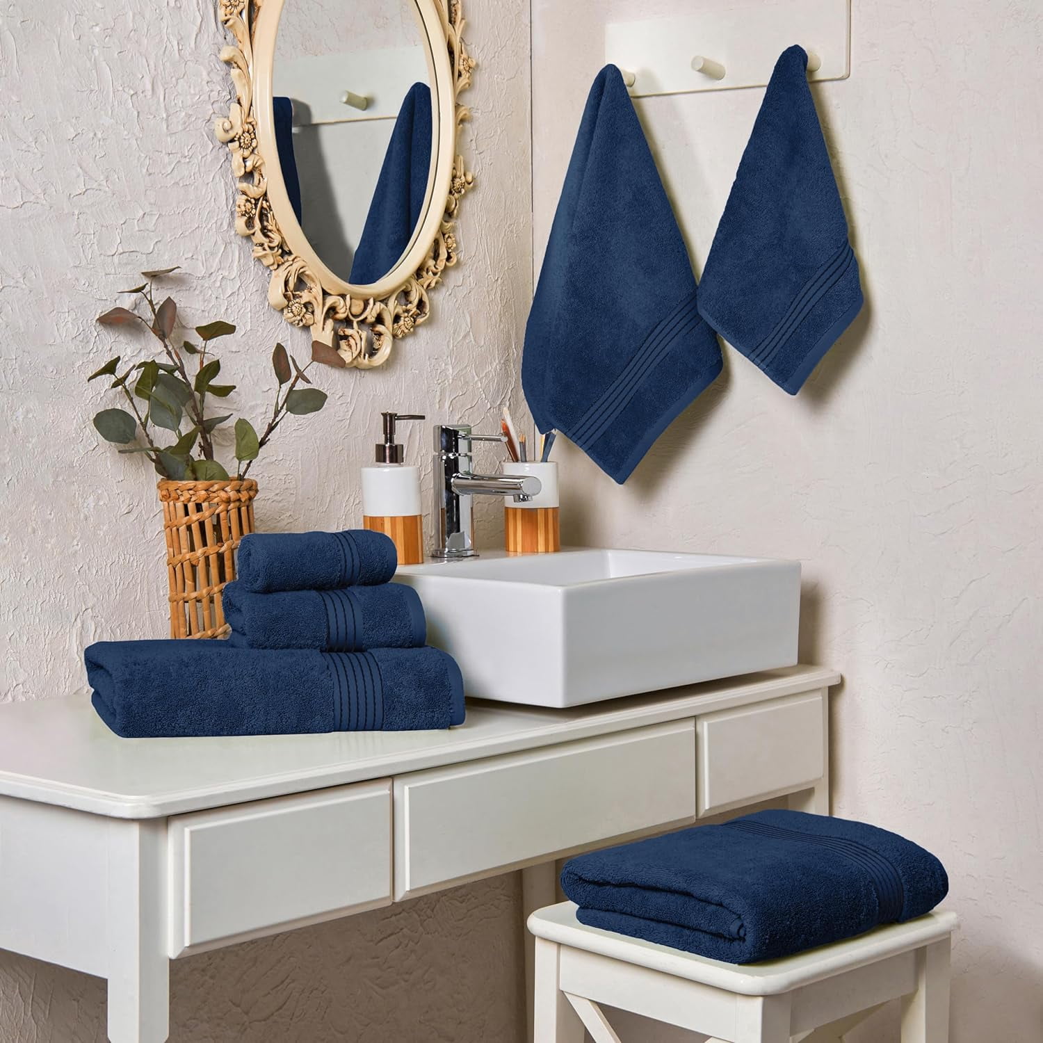 6-Piece Cotton Towel Set, Includes 2 Bath Towels, 2 Hand Towels, and 2 Washcloths, Highly Absorbent, Navy