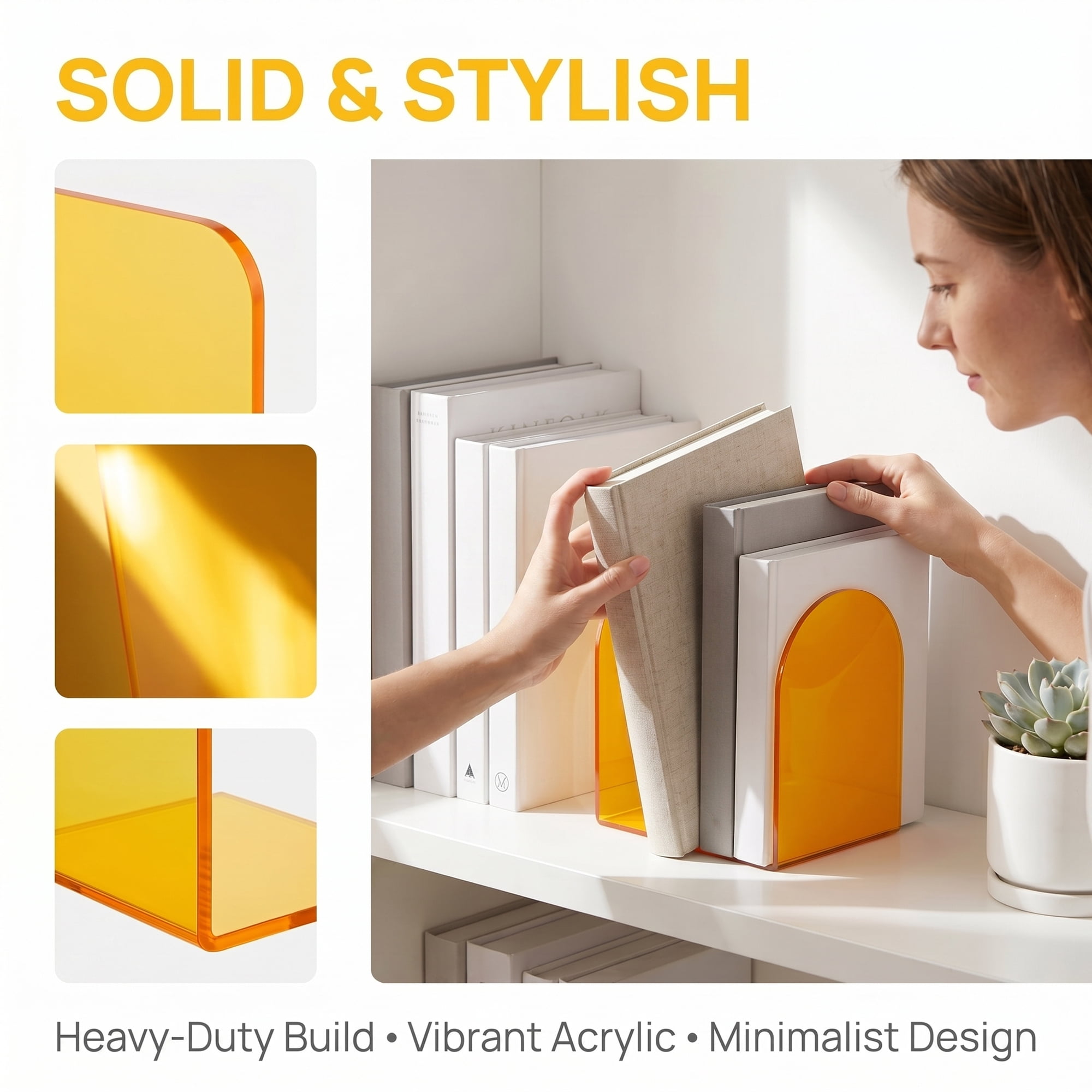 Unique Bargains 2Pcs Clear Acrylic Modern Non-Skid Bookends Lemon Yellow 4.7*3.9*6.1inch