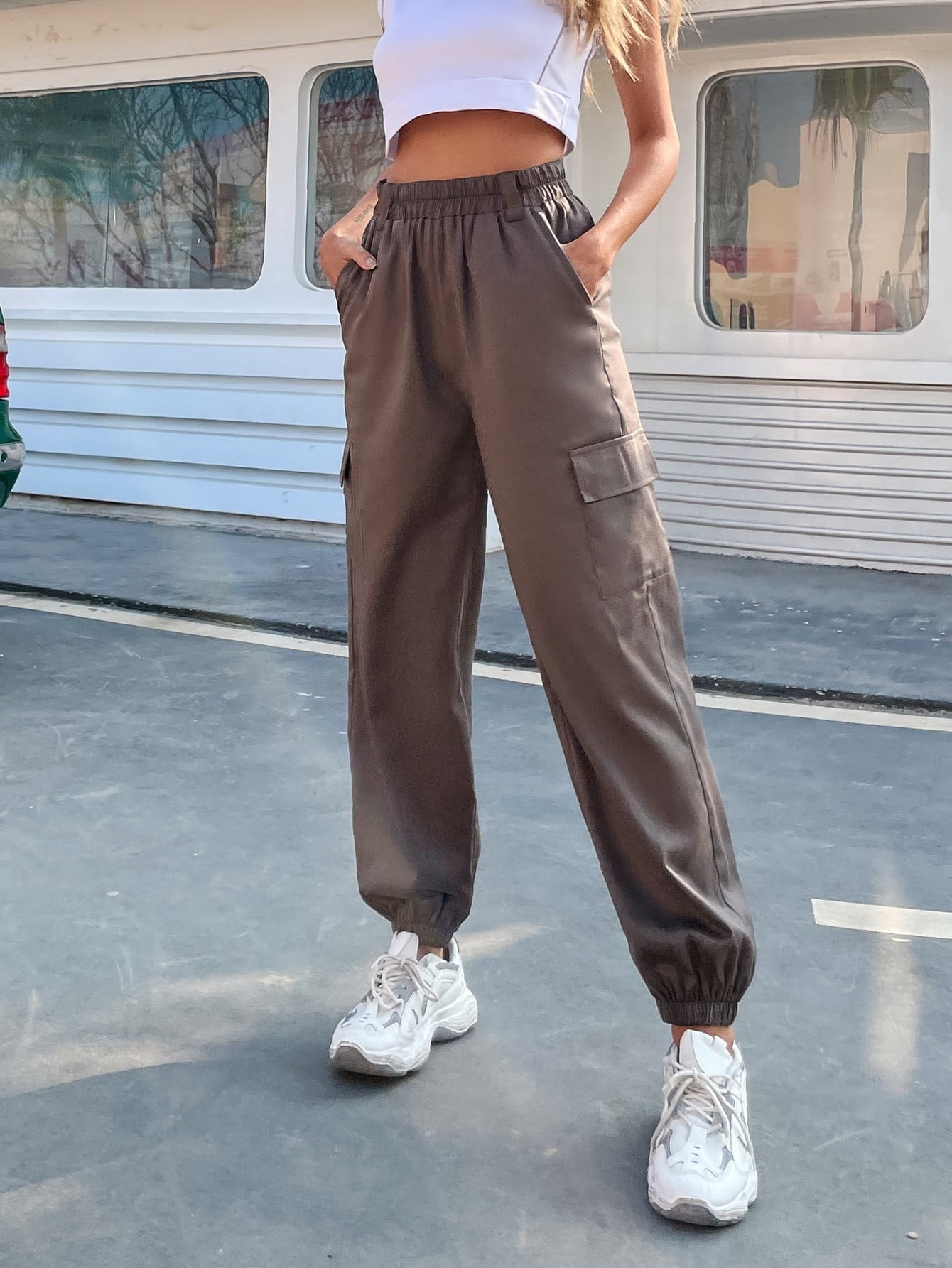 Women's High Waisted Flap Pocket Cargo 