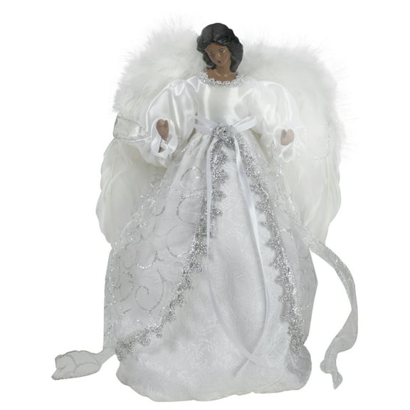 14" African American Silver and White Angel Christmas Tree Topper, Unlit