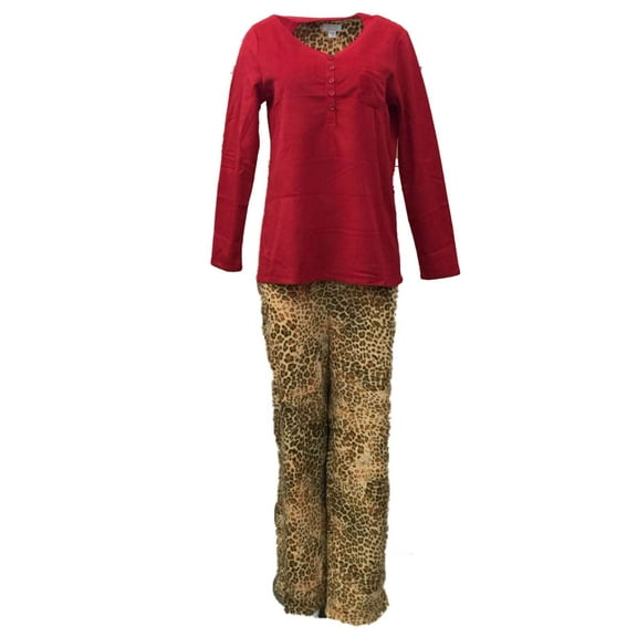 Celestial Dreams Womens Brown & Red Leopard Print Pajamas Fleece Pajama Set M