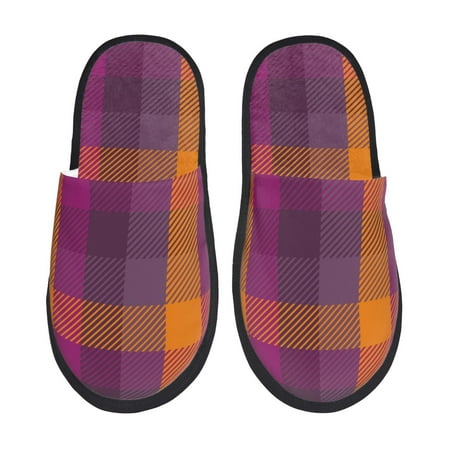 Balery Purple Yellow Buffalo Plaid Slient Indoor Furry Fleece Comfort House Shoes Soft Non-Slip Home Shoes Cotton slippers House Slippers-- Medium