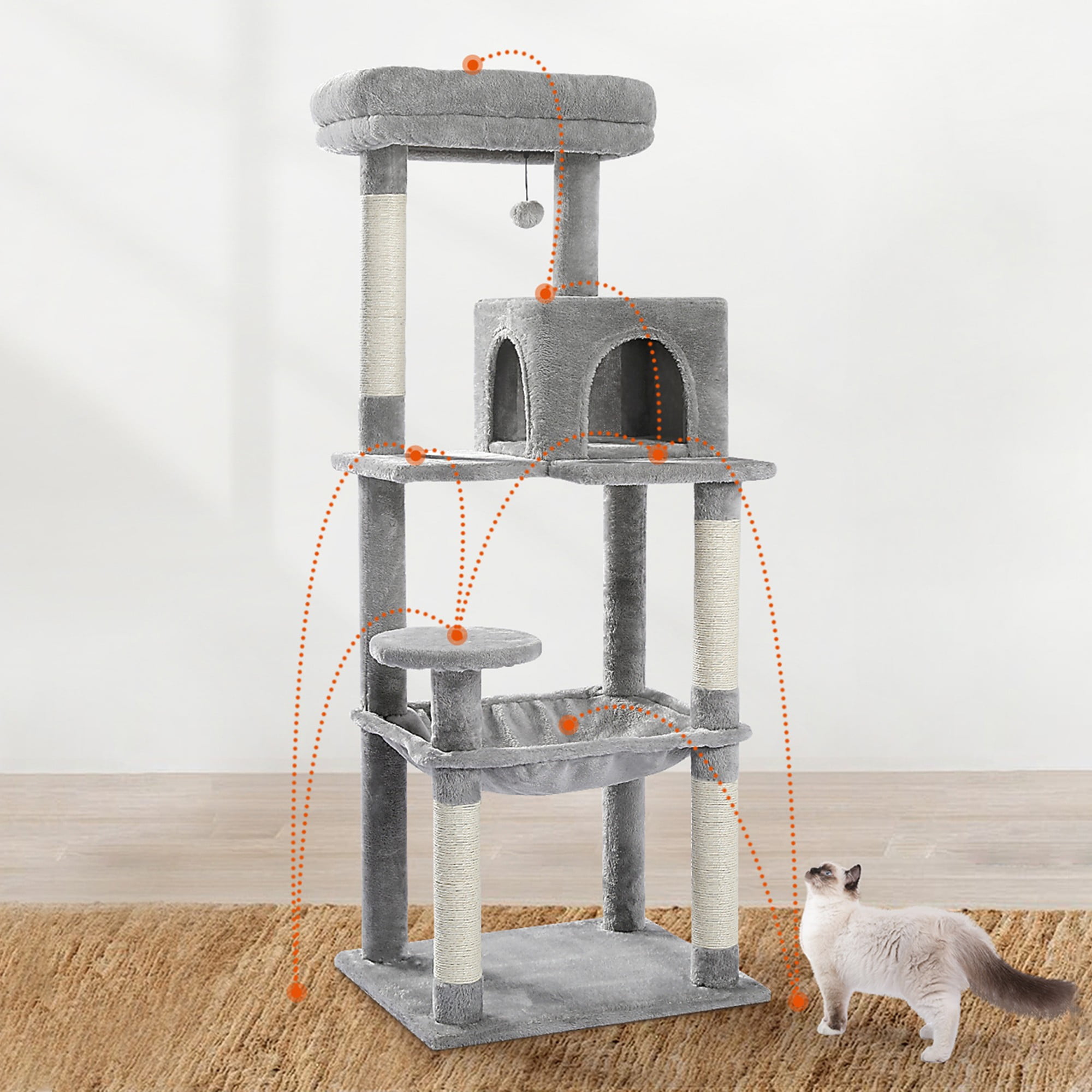 Kadyn 56" Multi-Level Cat Tree Tower for Indoor Cats with Sisal Scratching Posts, Cozy Cat Condo, Large Hammock and Plush Perches Cat Tree House for Large Cats, Dark Gray