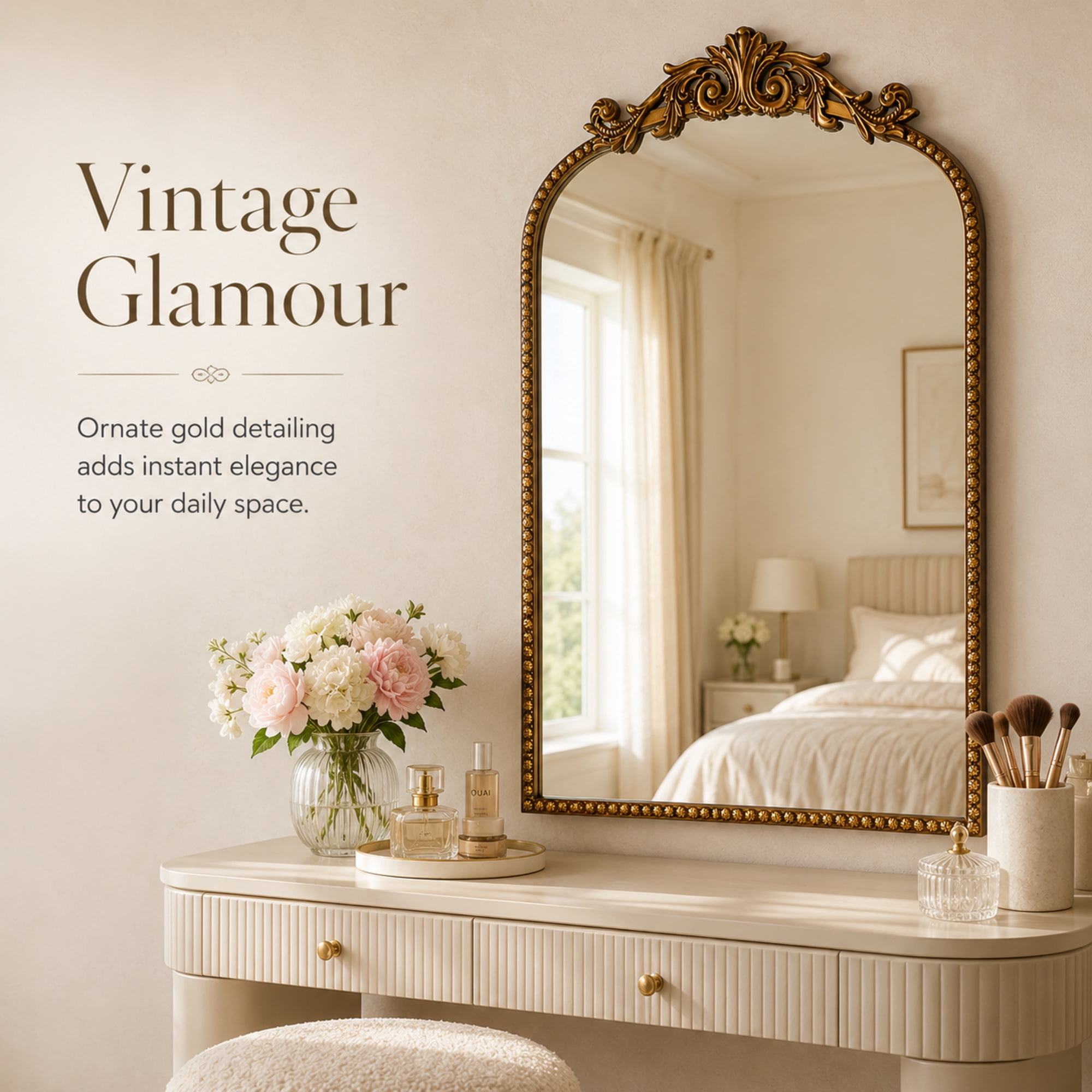 Crystal Art Gallery 30” x 20” Antique Gold Arch Wall Vanity Mirror, Ornate Vintage Baroque Mirror with Decorative Scroll Crest, Beaded Frame & Keyhole Hanging for Bedroom Entryway