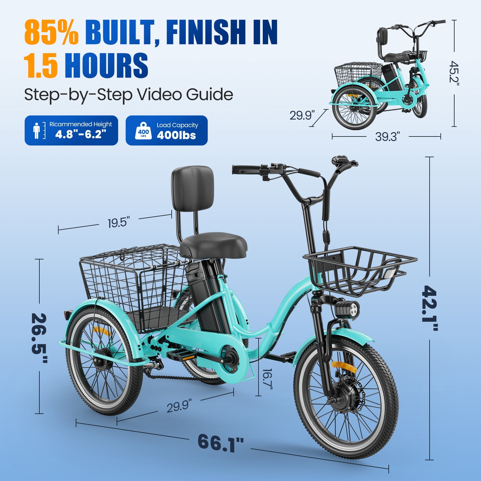 Flycity Electric Tricycle for Adults, Peak 1200W Electric Trike with 48V 15Ah Removable lithium battery, 20" 7 Speeds 3 Wheels Electric Bikes, Green