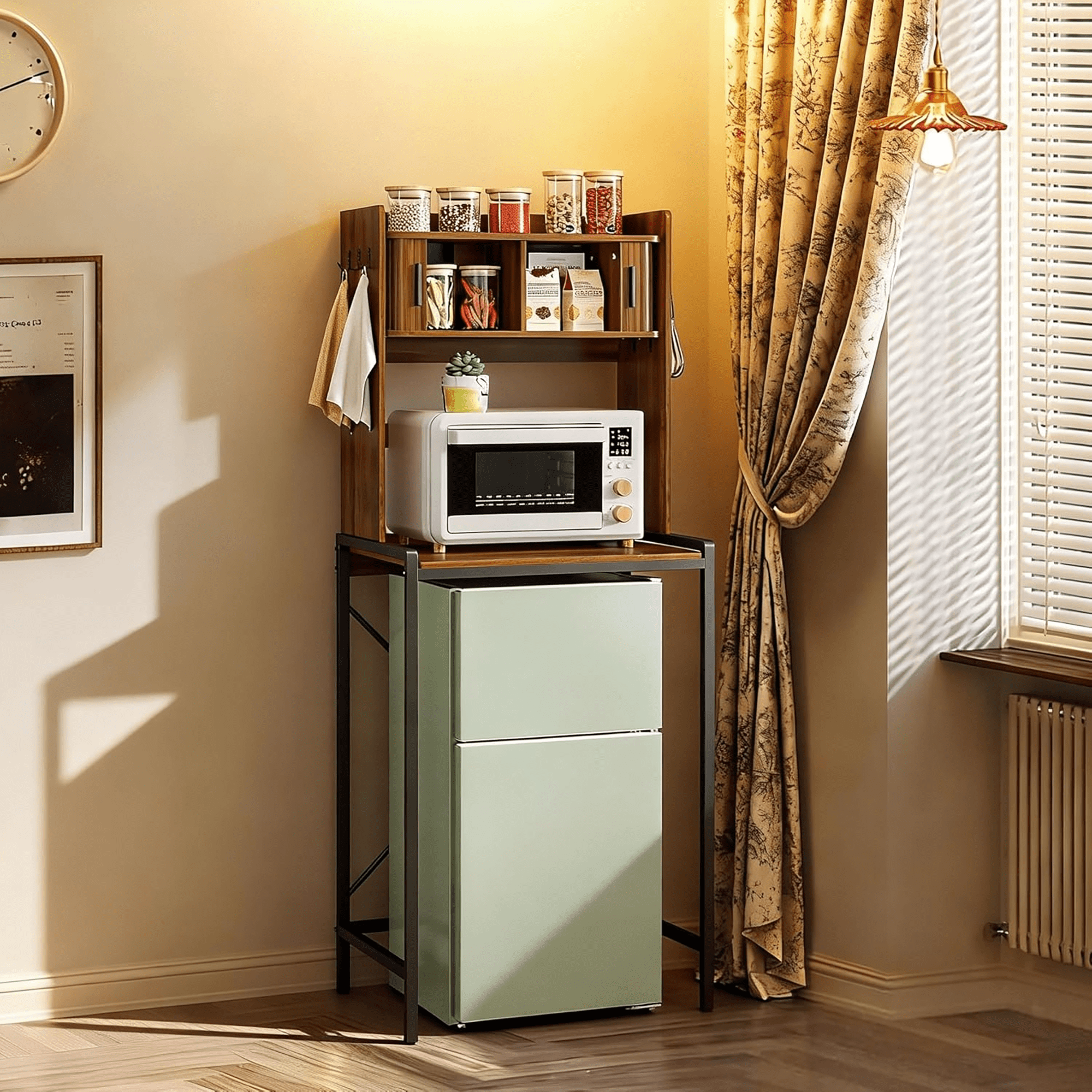 4-Tier Kitchen Bakers Rack with Mini Fridge Stand, Microwave Stand with 6 Hooks and Sliding Doors Storage for Kitchen, Dining Room, Walnut