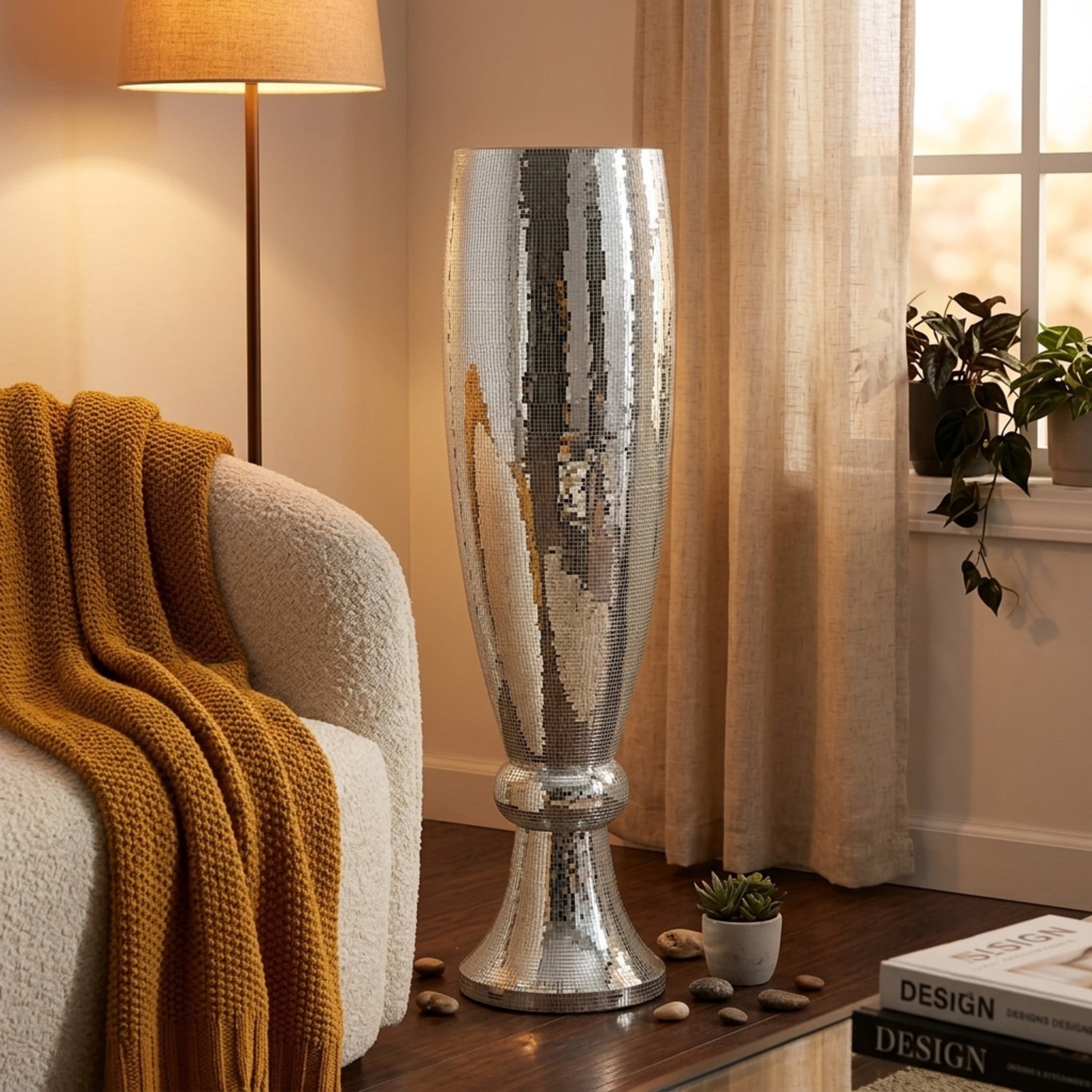 DecMode 48" Tall Champagne Flute Shape Silver Polystone Vase with Mosaic Mirror Inlay