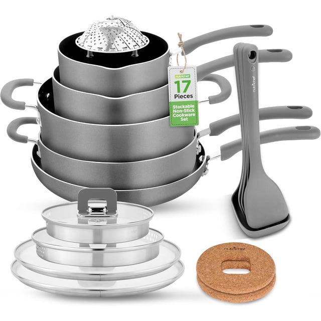 NutriChef Pots and Pans Set, Induction Cookware Set, Stainless Steel Cookware Set, Includes: Cooking Utensils Set, Steamer, Trivets, Space Saving, Stackable Gray, 17pcs