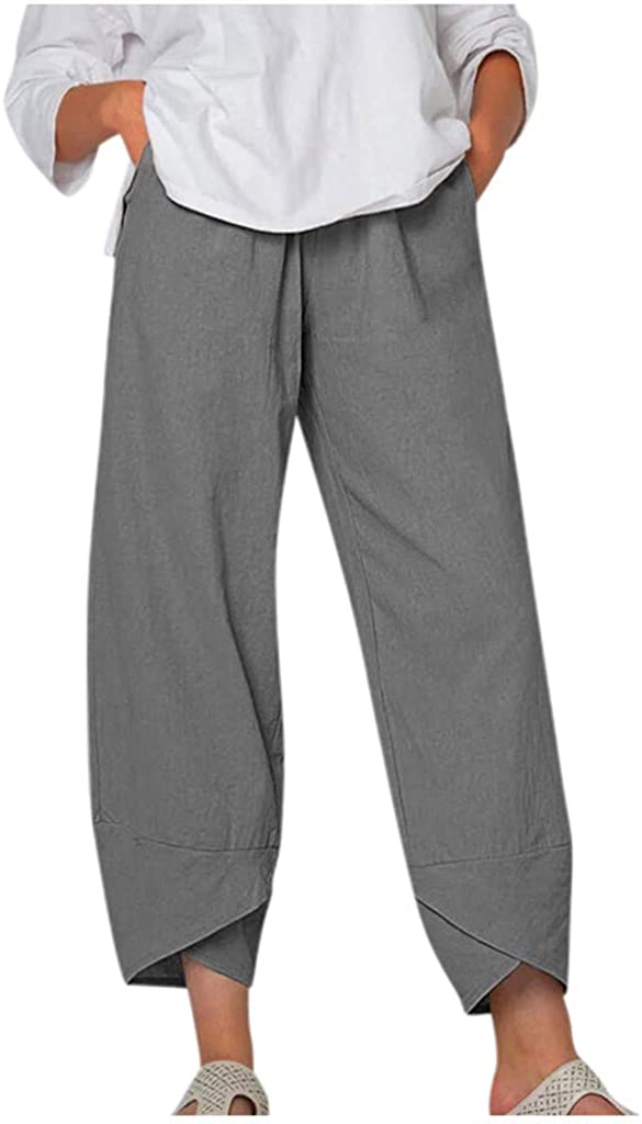 Harem Sweatpants for Women Boho Cotton Linen Capri Pants Y2K Pocket Baggy Pants Pants Elastic Waist Trousers