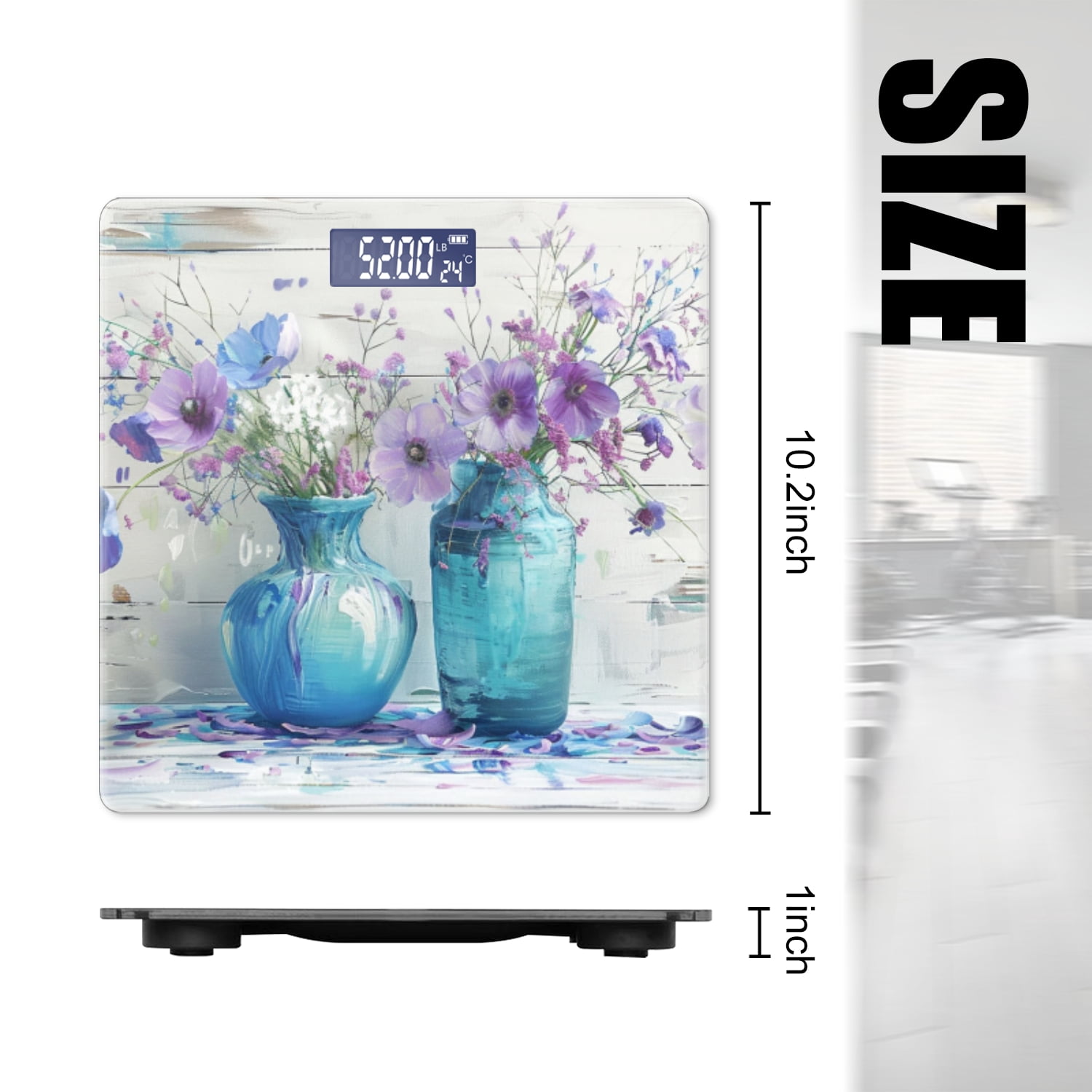 Bathroom Scale, Highly Accurate Digital Body Scale,Precisely Measures Weight up to 400 lbs-Vases Of Purple And Blue Flowers On White Wooden Background