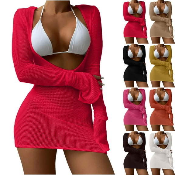 ZZwxWA Women's Swim Cover Up Dress Bikini 3 Piece Bathing Suit Sexy Long Sleeve Mesh Sheer Beach Crochet Set Fishnet