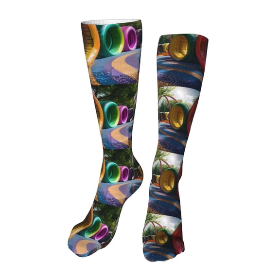 Naloa Colorful Tire Tunnel Park High Stockings Women Thigh High Stockings Over Knee Long Stockings-One Size
