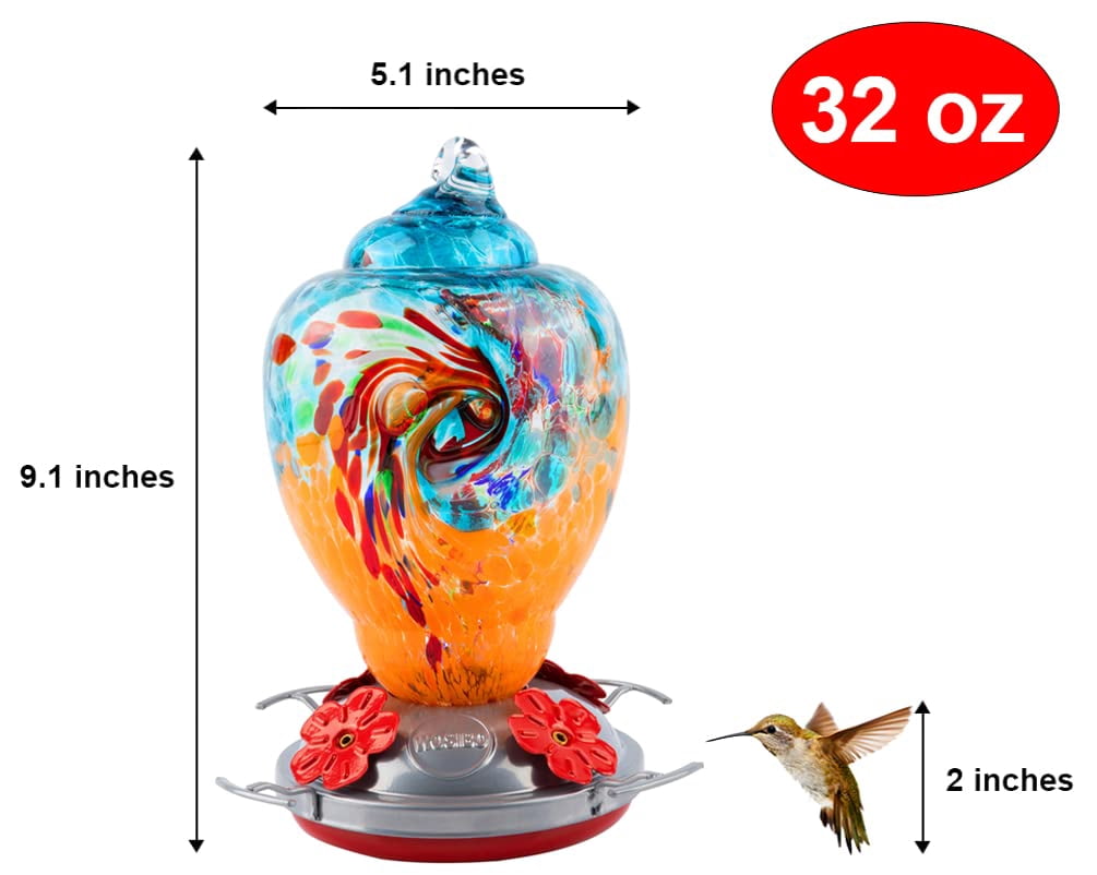 Hummingbird Feeder For Outdoors Patio Large 32 Ounces Colorful Hand Blown Glass With Ant Moat Hanging Hook  Rope Brush And Service Card (blue-orange)