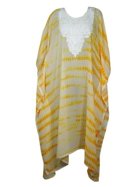 Mogul Women Maxi Kaftan Dress,Beachwear Sheer Bikini Coverup Maxi Dress, Embroidered Kaftan Yellow White Tie Dye Lounger 4X