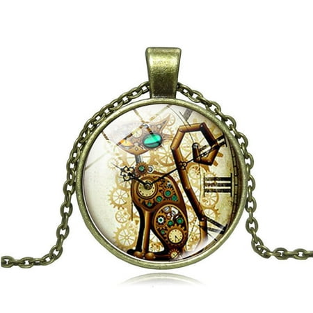 iLH Retro Punk Cat Glass Cabochon Alloy Chain Pendant Necklace Jewellery Gift