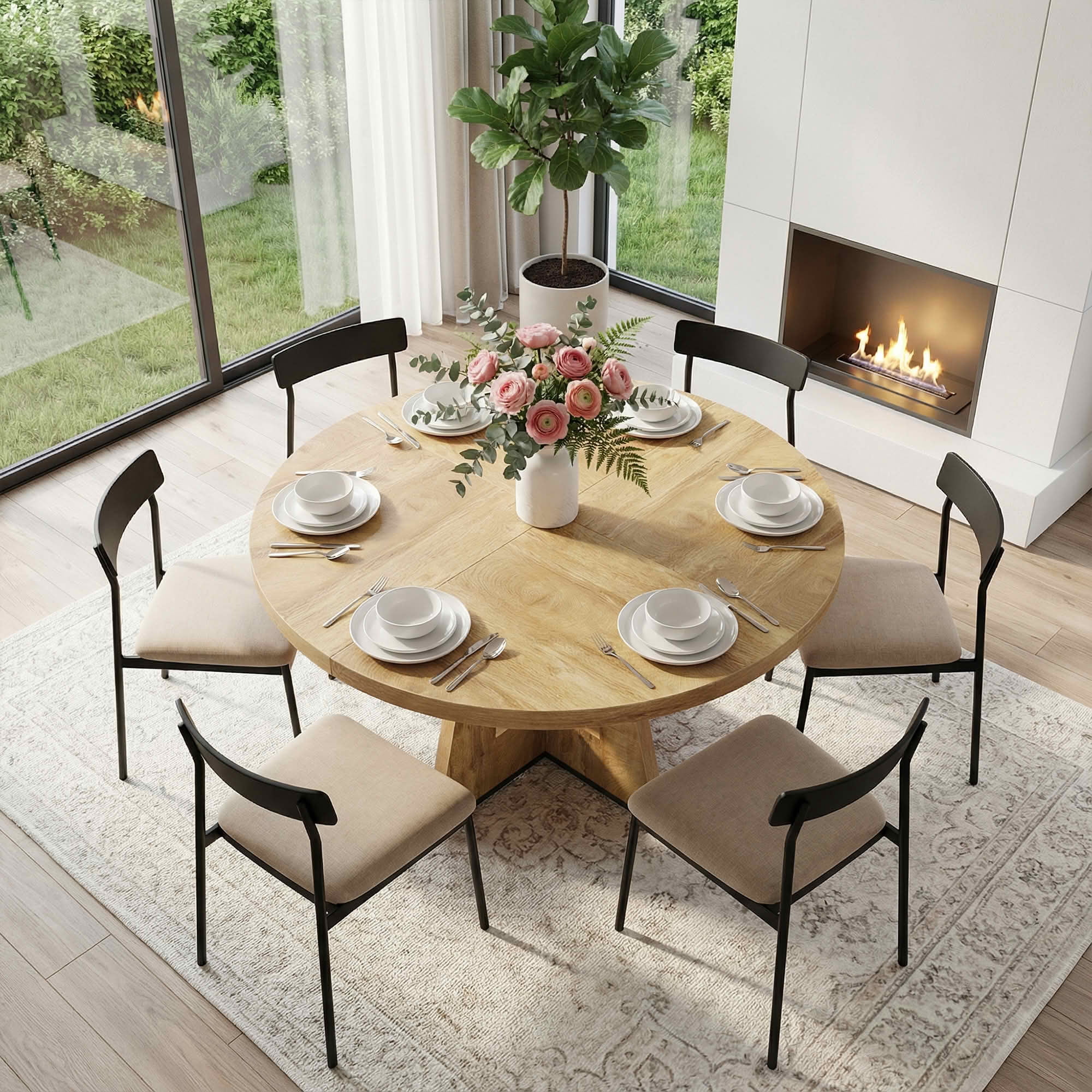 MAYEERTY 47 Inch Farmhouse Round Dining Table, Wooden Kitchen Dinner Table for 4 People with Sturdy Metal Frame