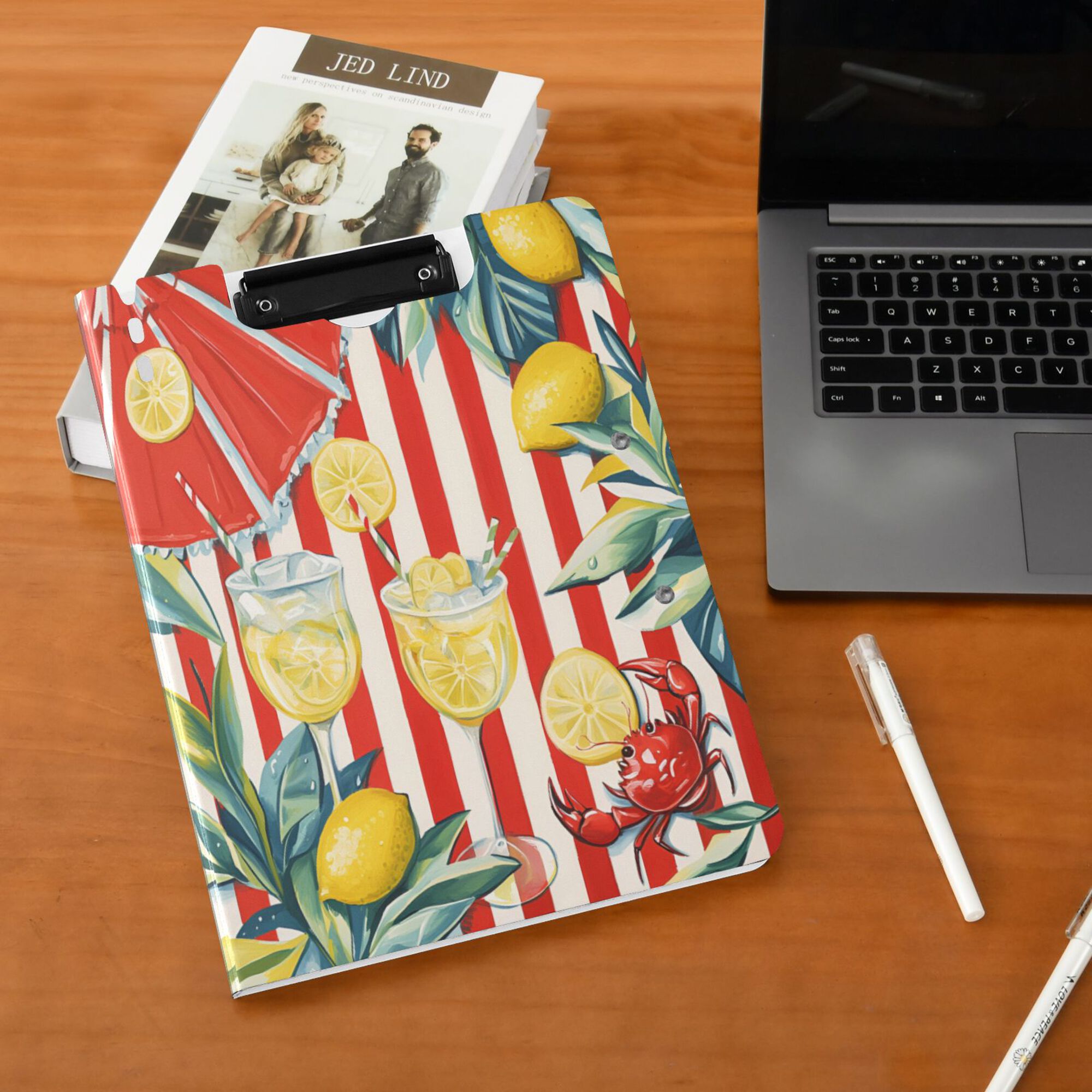 FORMRS A4 Clipboard Folder with Pen Holder Horizontal Foldable School Office Binder, White Striped Lemon