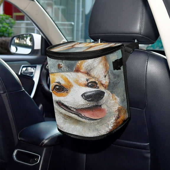 Qxltty Corgi with Oil Painting Style Car Trash Can with Lid Vehicle Backseat Hanging Leak Proof Storage Bin