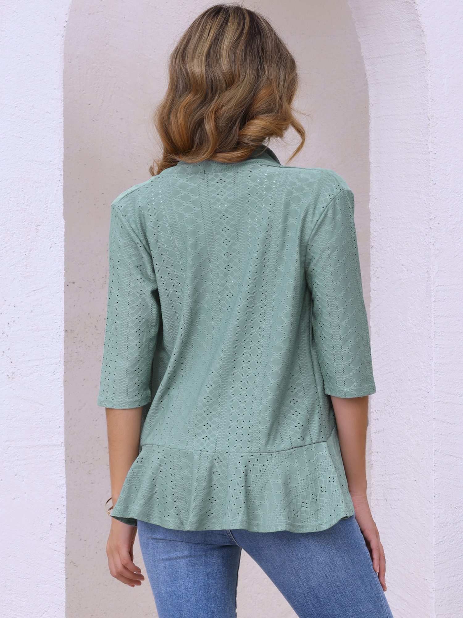 DARING DIVA Womens Open Front 3/4 Sleeve Draped Ruffles Eyelet Cardigans XL Grey Green