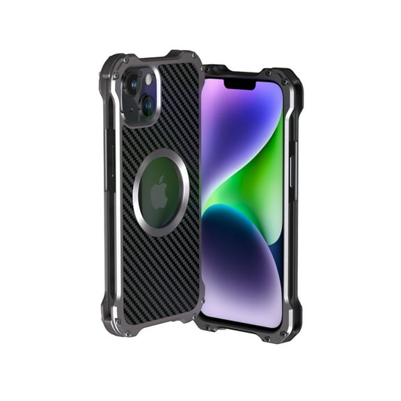 Rugged Metal Frame Case for iPhone 14, Aluminum Alloy Bumper Carbon Fiber Back Logo Hollow Shockproof Anti-Drop Lens Protection Cover Compatible with Magsafe Wireless Charger Phone Case