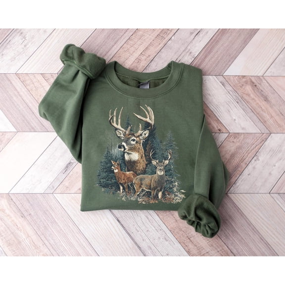 Deer Sweatshirt, Retro Buck and Doe Graphic, Americana Fall Crewneck, Cozy Hunting Pullover