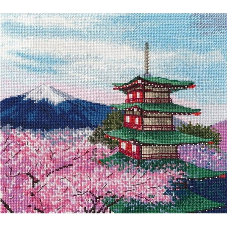 UPC: 4680021532504 | Counted Cross Stitch Kit Chureito Pagoda 1366 Needlework Easy Small Pink Green By Oven Canvas Cotton