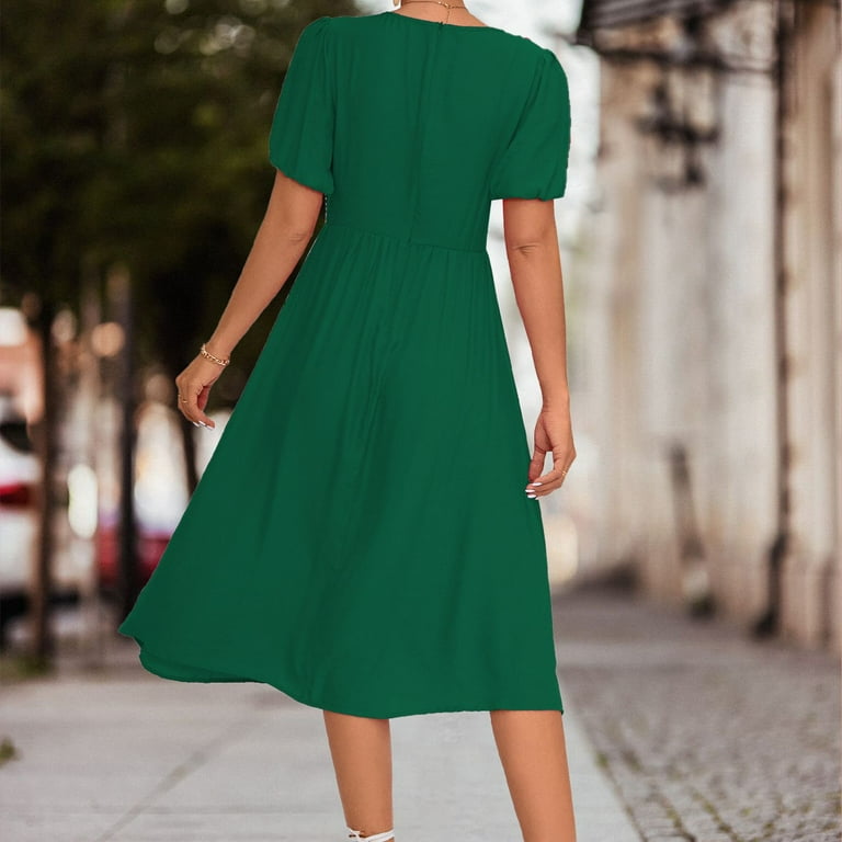 SWSMCLT Women's High Waist Cute Summer Ruched Long Dress V Neck